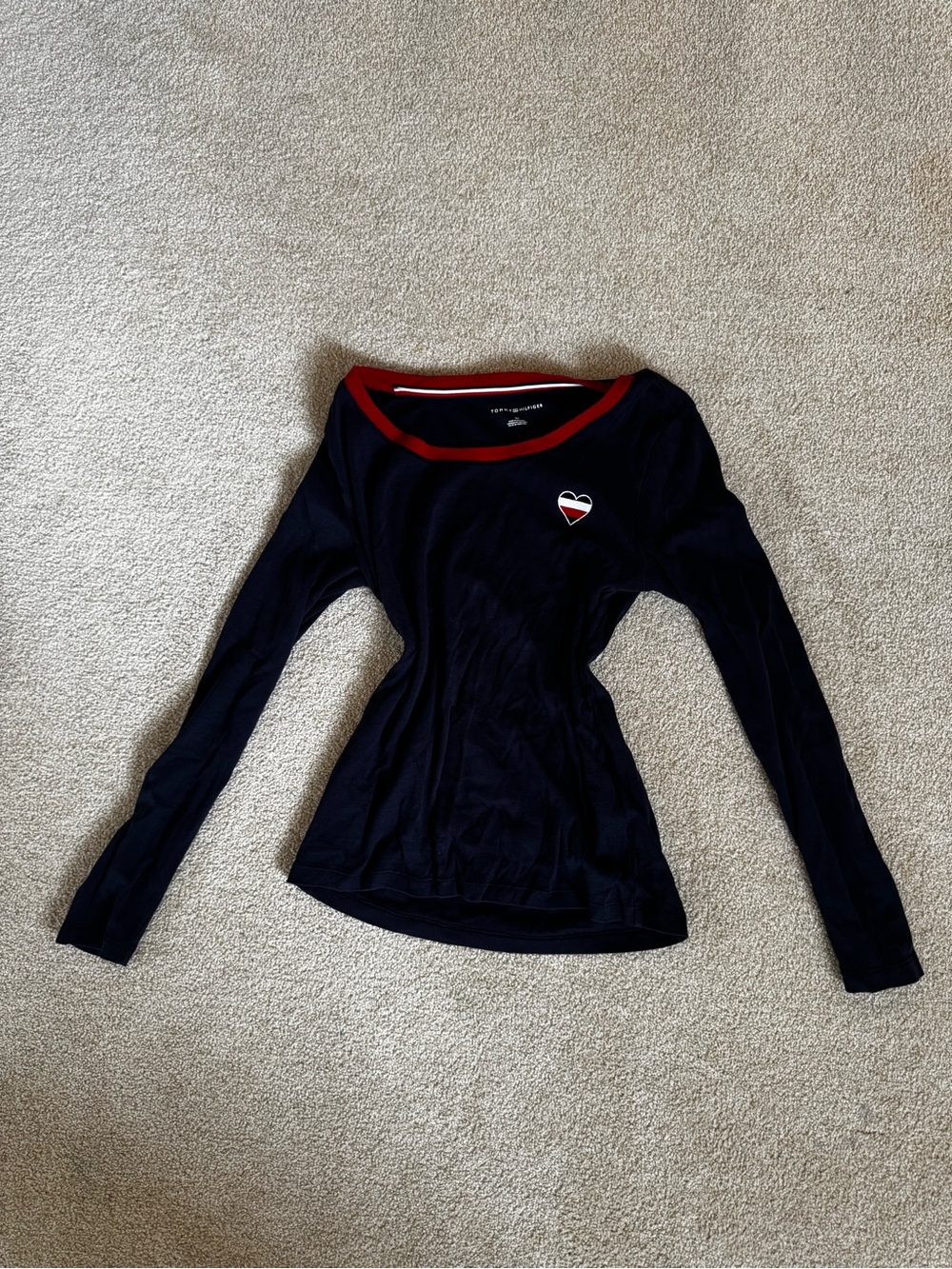 Tommy Hilfiger Navy Long Sleeve Tee with Red Trim and Heart Patch